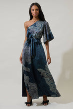 Load image into Gallery viewer, Kirby Geometric One Shoulder Satin Maxi Dress in Navy
