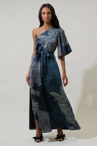 Kirby Geometric One Shoulder Satin Maxi Dress in Navy