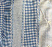 Load image into Gallery viewer, Blue Patchwork Stripe Button-Up Shirt in Blue
