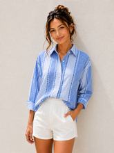 Load image into Gallery viewer, Blue Patchwork Stripe Button-Up Shirt in Blue
