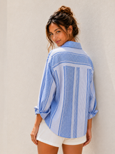 Load image into Gallery viewer, Blue Patchwork Stripe Button-Up Shirt in Blue
